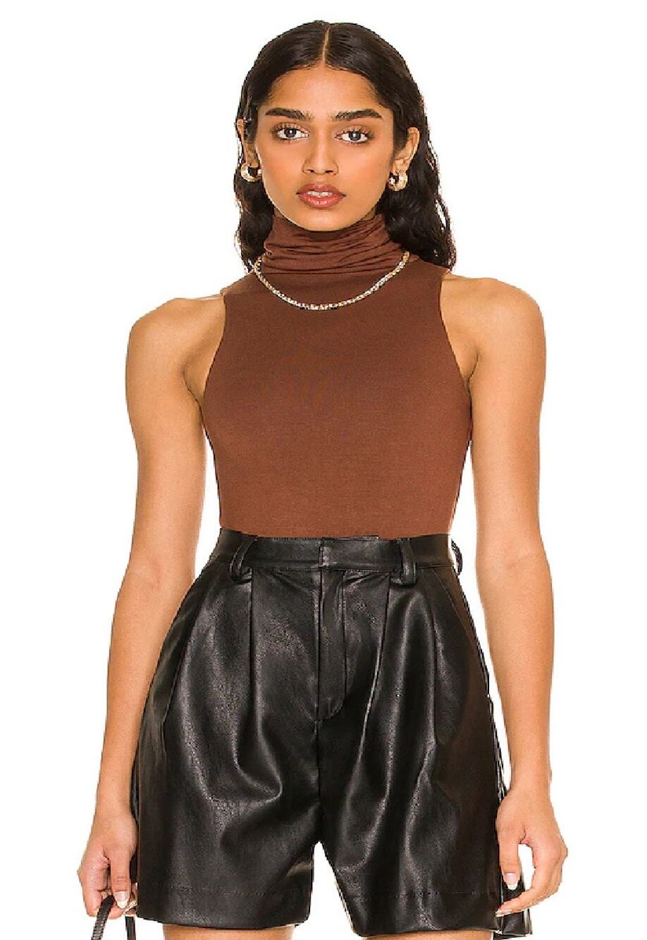 RE ONA Women's Sleeveless Turtleneck Bodysuit in Chocolate Brown
